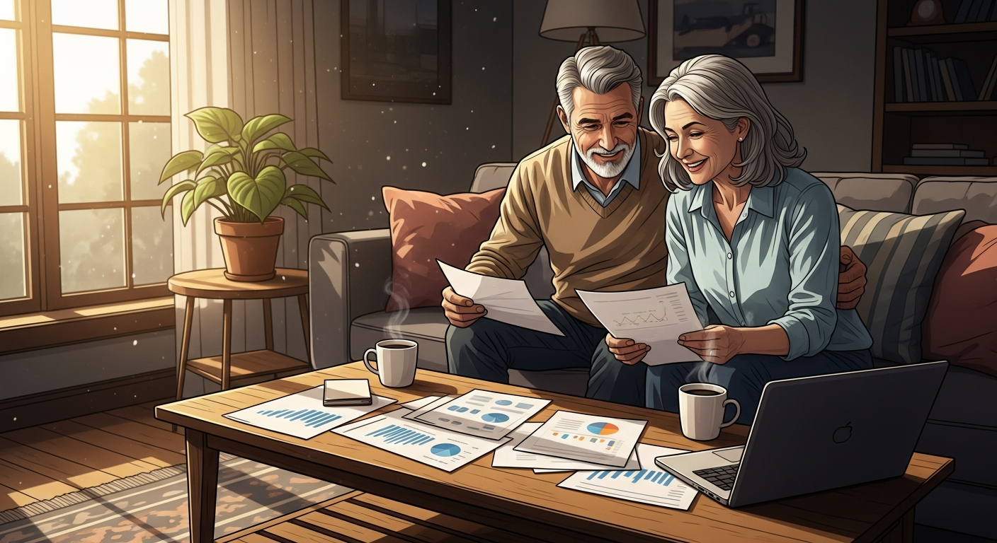 Happy couple reviewing finances