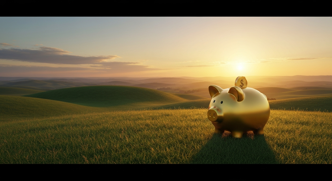Golden piggy bank at sunrise