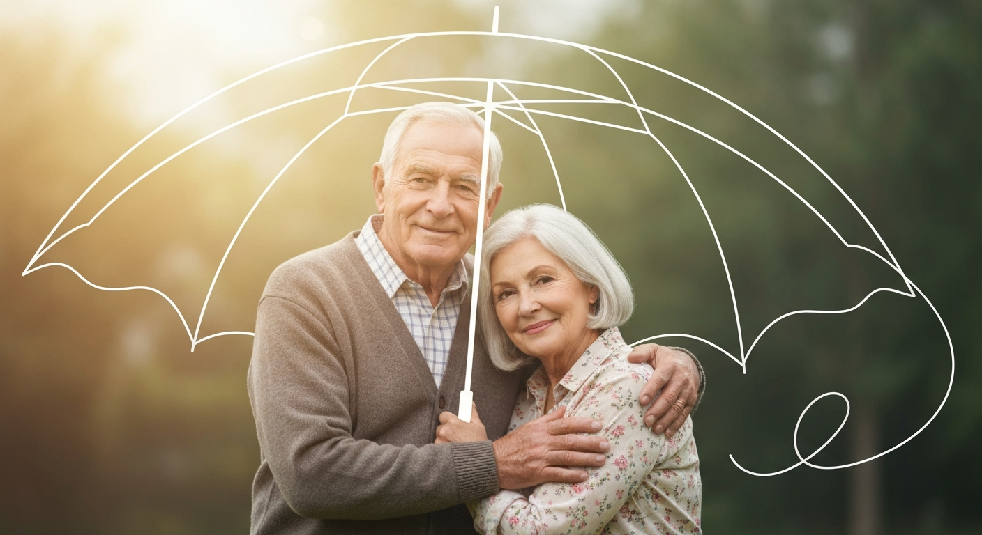 Elderly couple under protection umbrella