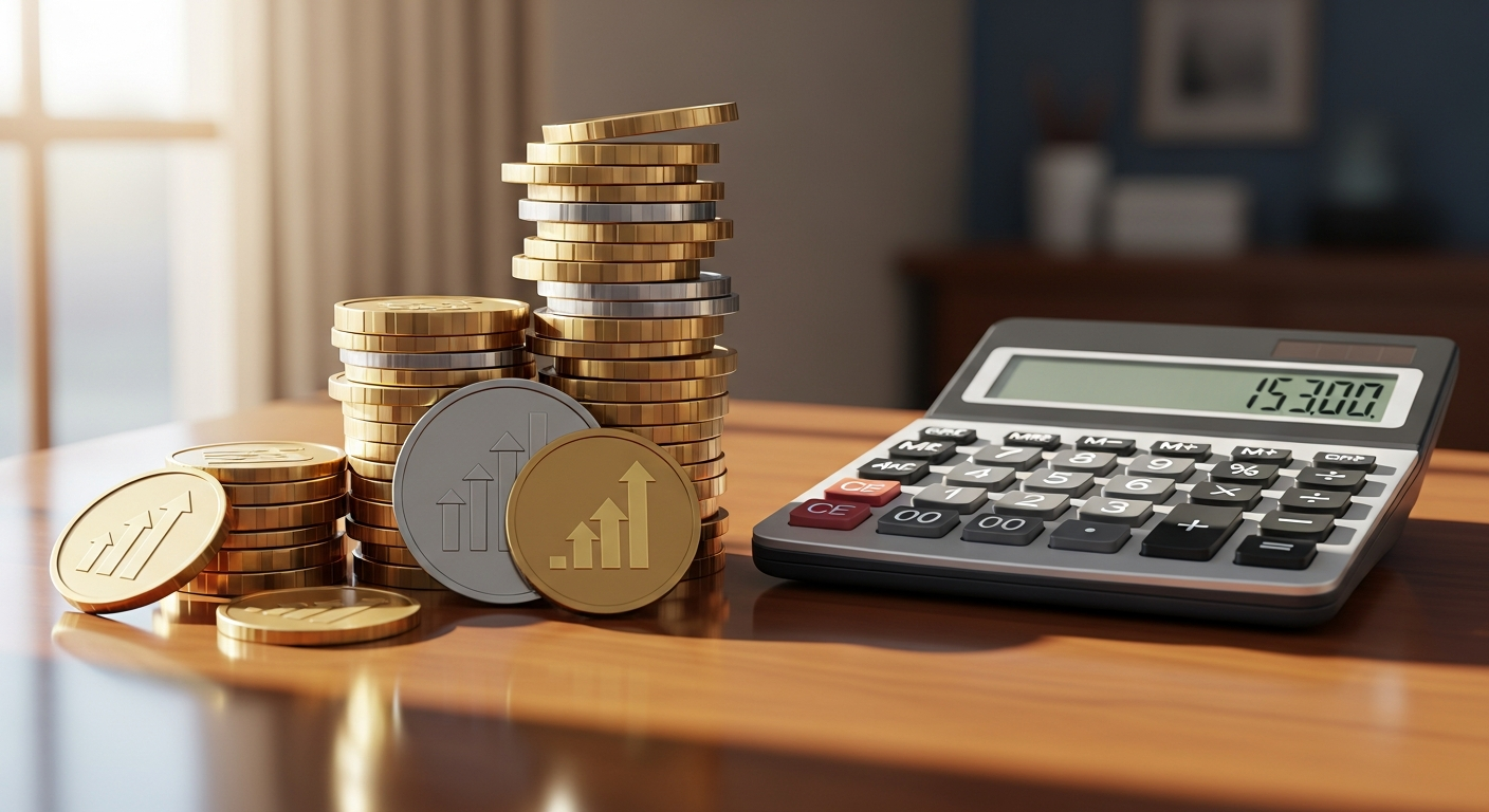 coins and calculator on desk