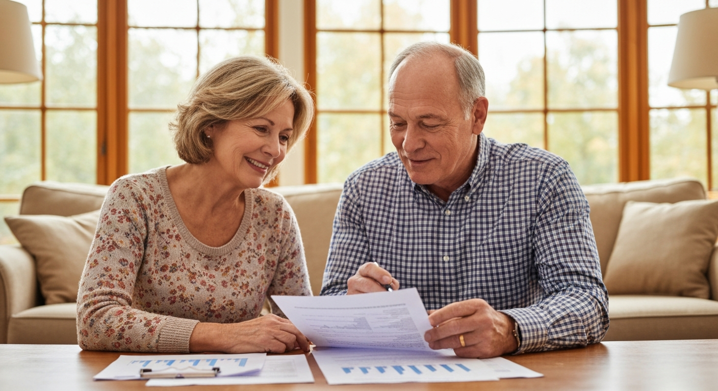 Retiree couple reviewing annuity options.