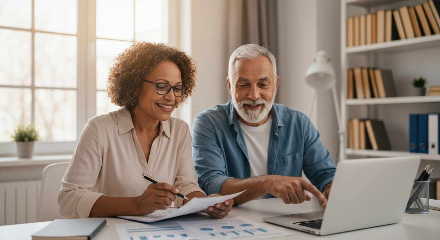Retiree couple reviewing annuity options
