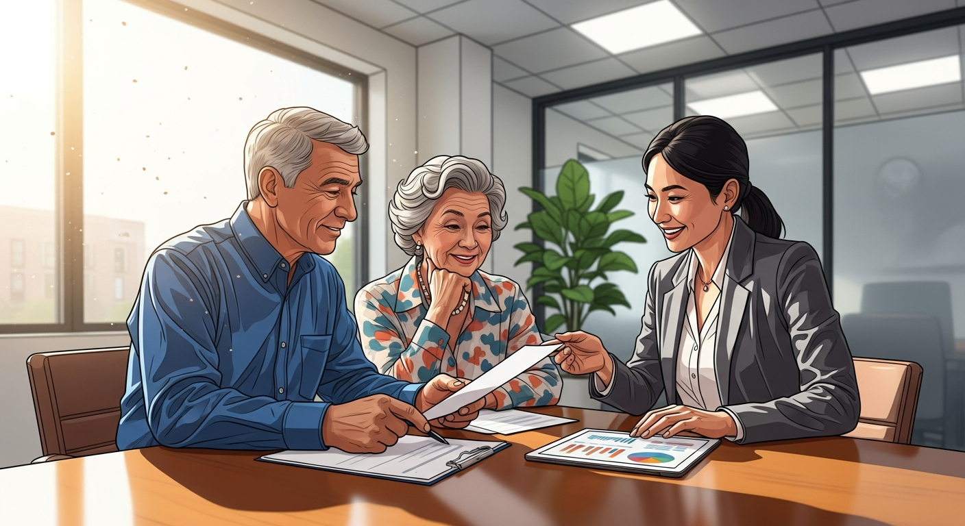Retiree couple with advisor, annuity planning