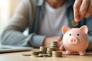 Hand Putting Coin in A Piggy Bank for Future Investment