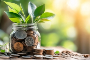 Jar with Growing Plant and Coins Representing MYGA Concept