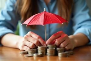 Person Holding Umbrella Over Stack of Coins Representing Investment Protection