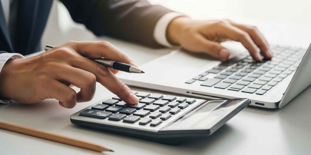 Person Using Calculator and Laptop for MYGA Investment