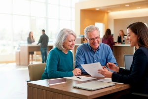Female Financial Advisor Showing MYGA Comparison Document to Senior Couple