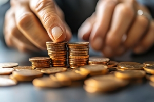 Person Gathering Coins Showing Annuity Premium Concept
