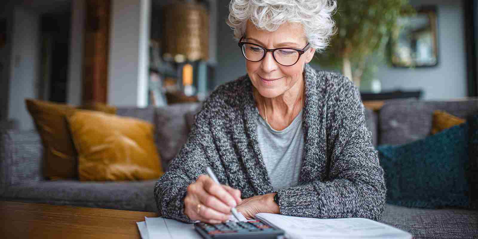 Woman Reviewing Retirement Annuity Calculations in Living Room